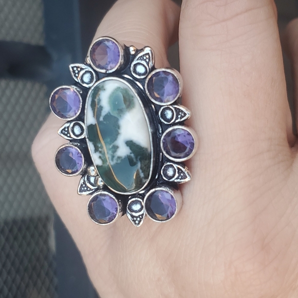 New Tree Agate and Amethyst 925 Silver Statement Ring. - Picture 5 of 16